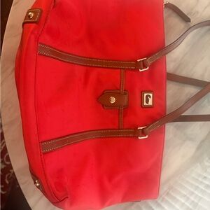 Dooney & Bourke Wayfarer Red Nylon Tote with Brown Leather Trim